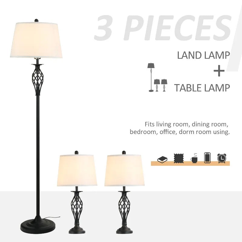 Three Piece Floor Lamp Set With Metal Pole Fabric Lampshade