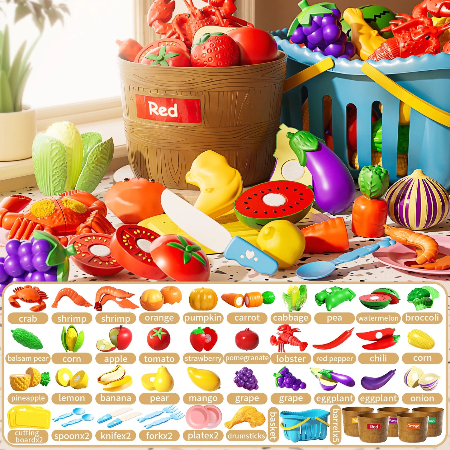 Jovow Fruit Cutting Toy Set for Kids Vegetable Play Kitchen