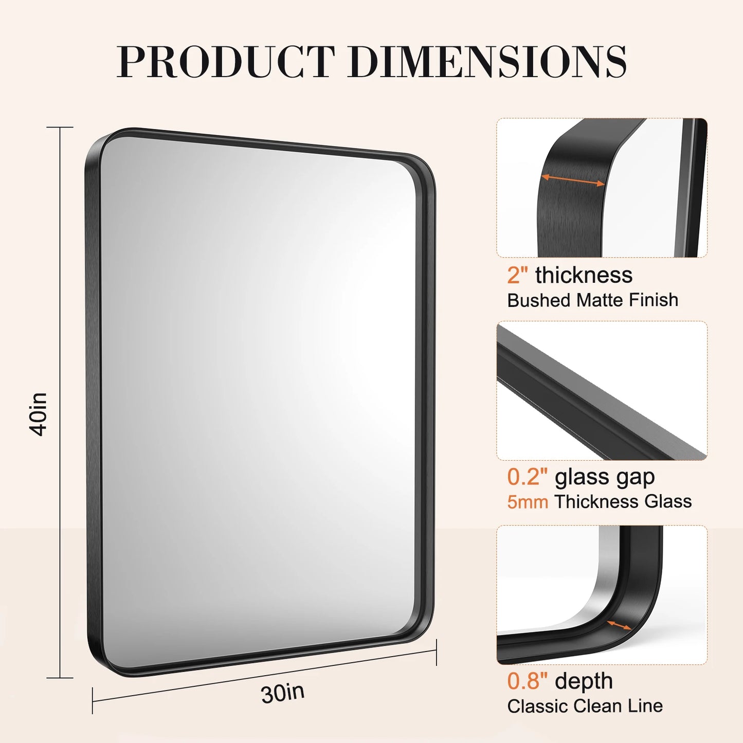JHK Matte Metal Framed Bathroom Mirror Rectangle Rounded Corner Tempered Glass