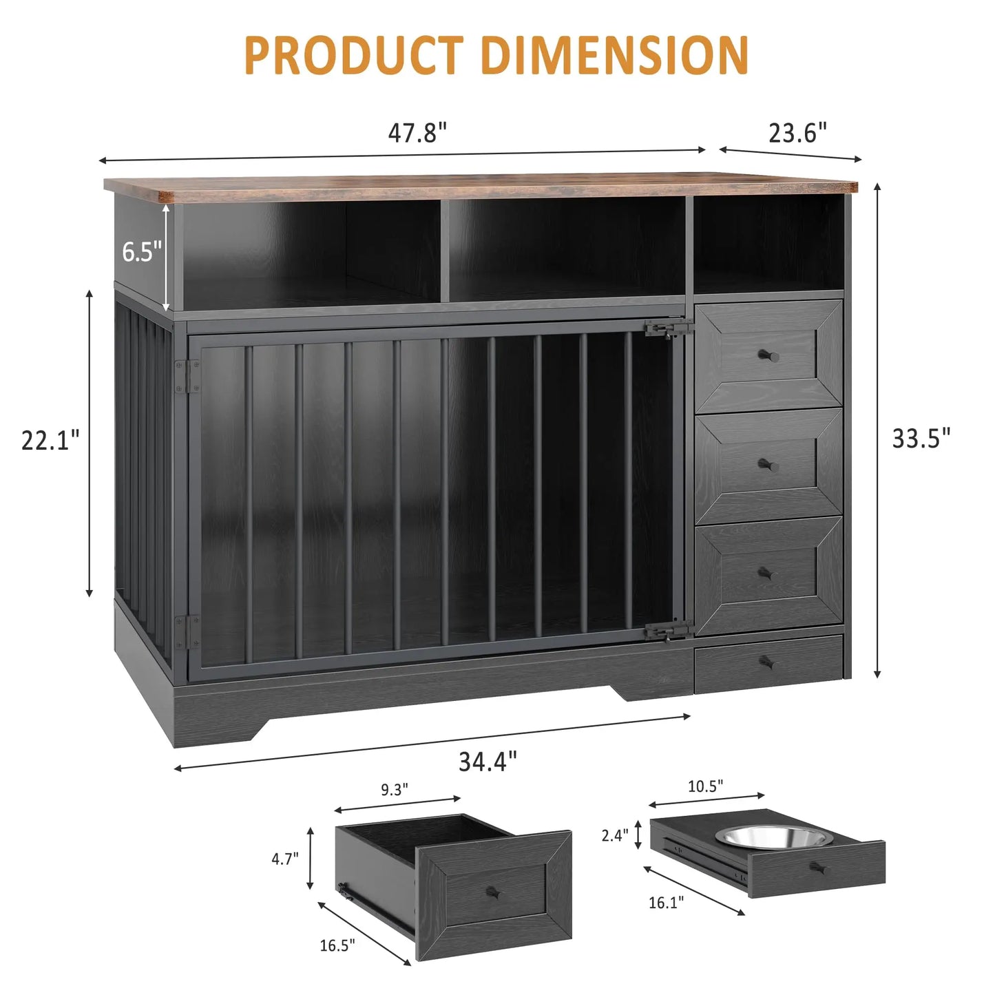 HiMISS Farmhouse Wooden Dog Crate with Storage and Feeding Station