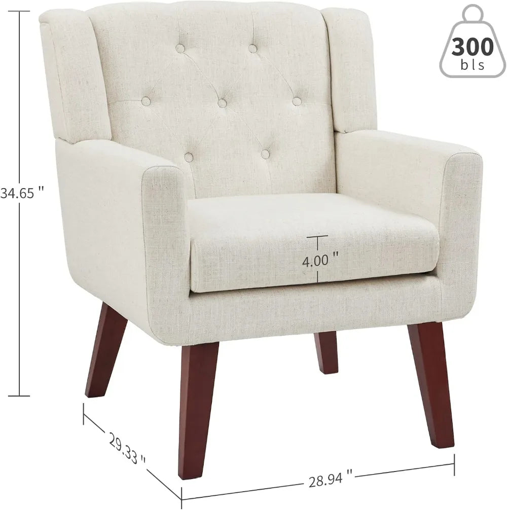 Button-Tufted Upholstered Living Room Chair With Linen Fabric Mid Century