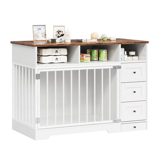 HiMISS Farmhouse Wooden Dog Crate with Storage and Feeding Station