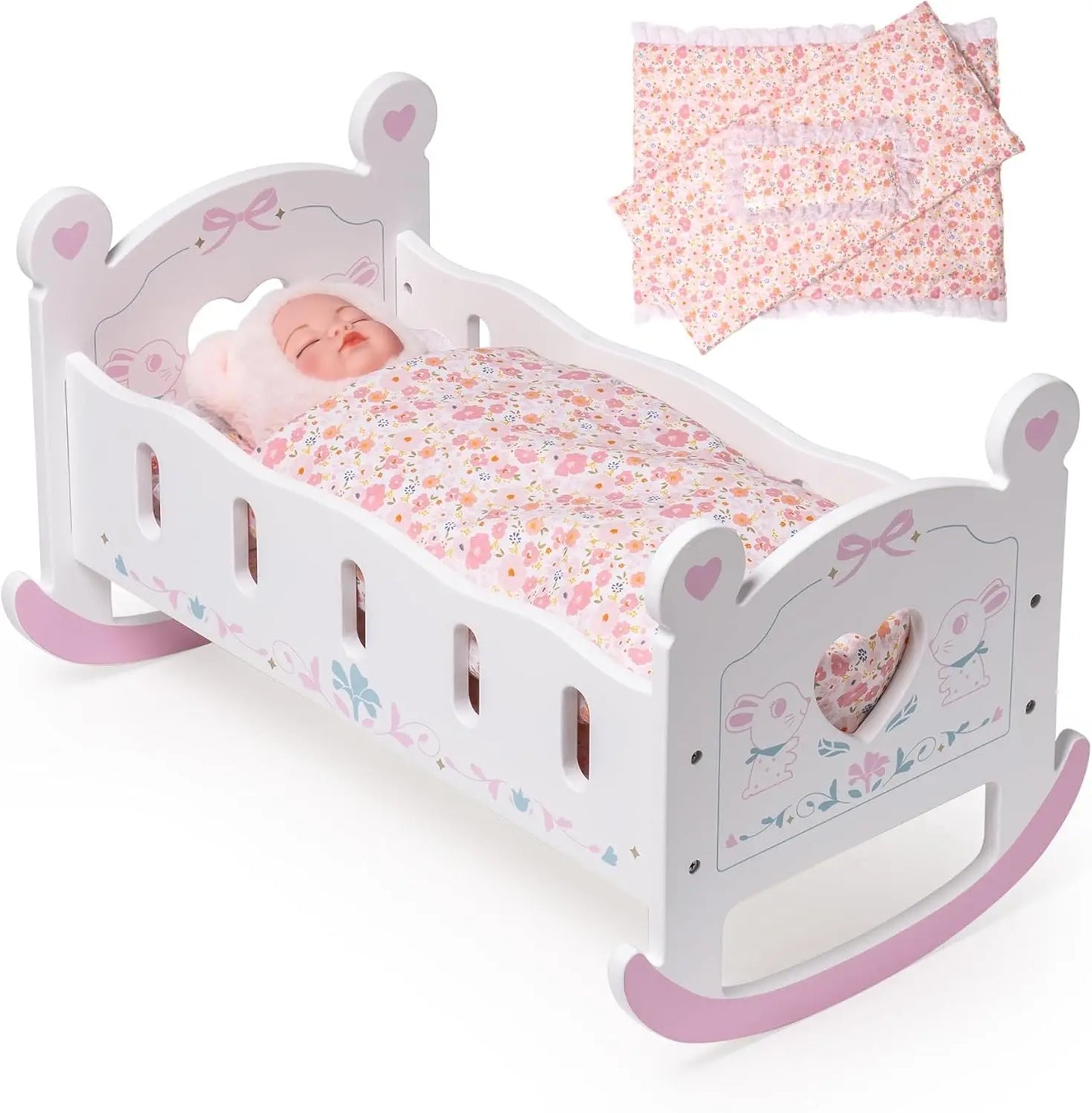 Wooden Doll Crib Bed For Dolls With Blanket And Pillow
