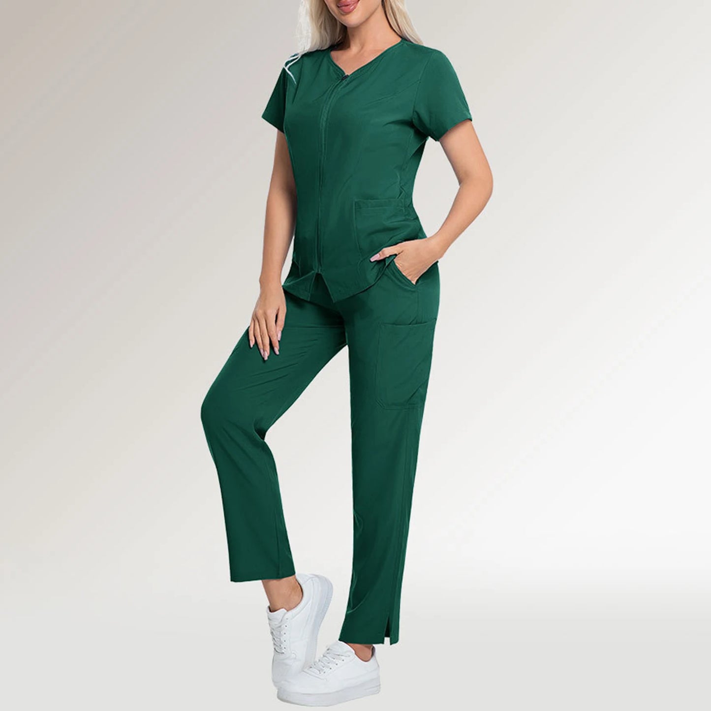 Women's Nurse Scrub Set V-Neck Short Sleeve Zipper Medical Uniform