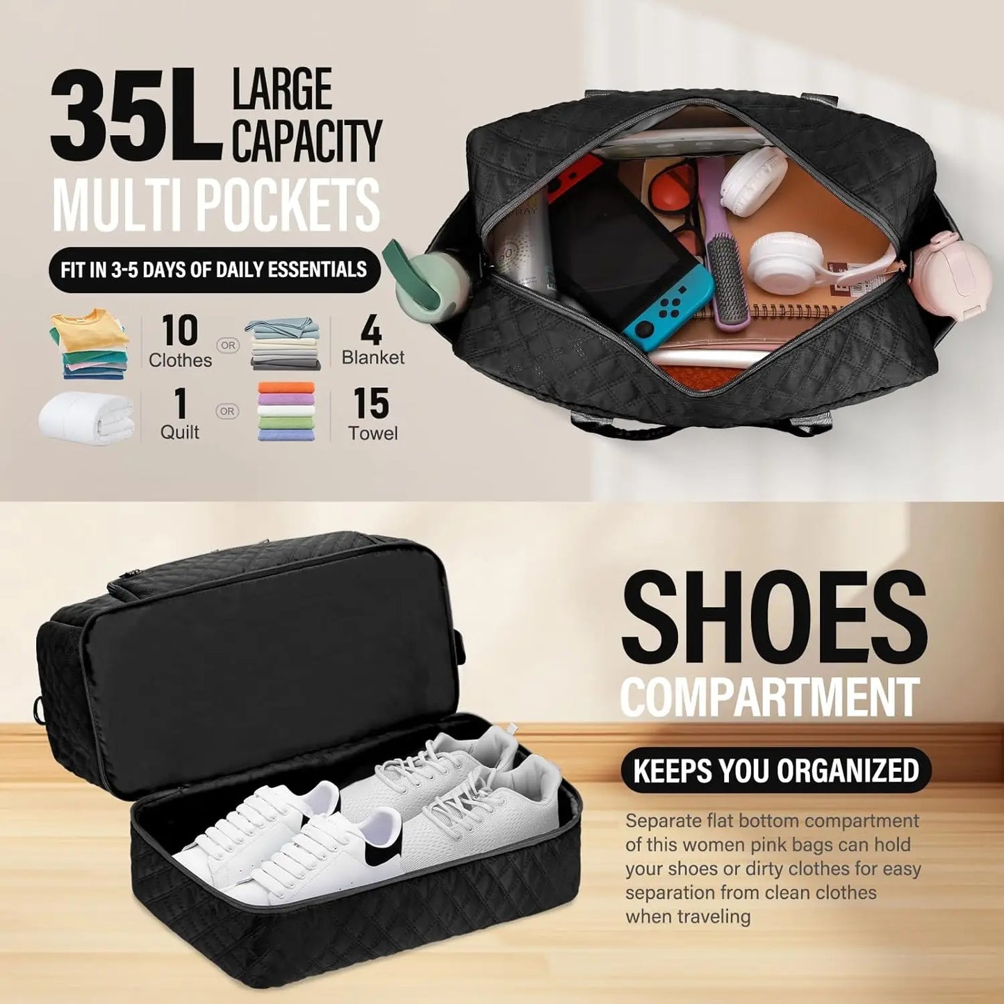Travel Duffle Bag For Women With Toiletry And Shoe Compartments