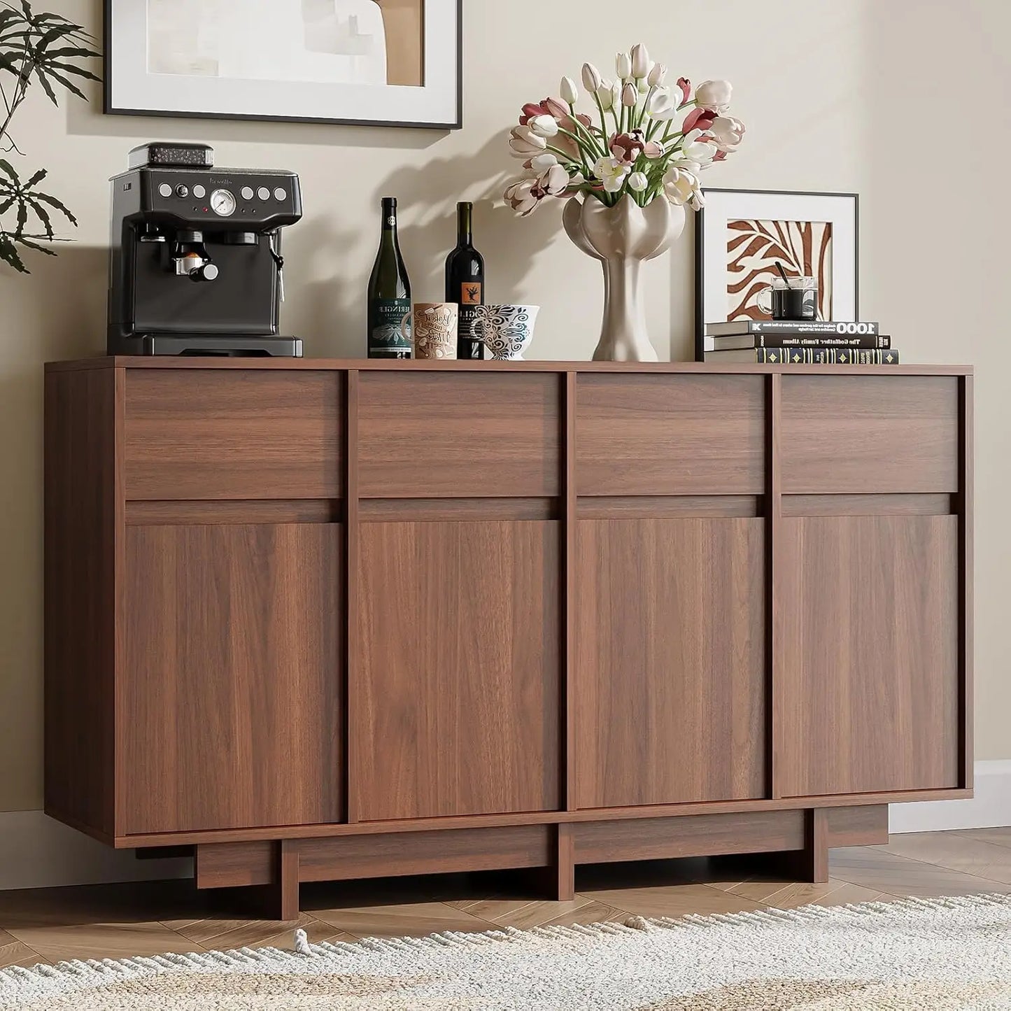 HUANZHUANG Walnut Buffet Cabinet With 4 Doors And Shelves