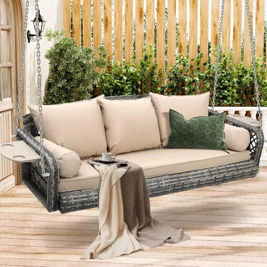 3-Seats Wicker Hanging Porch Swing, Outdoor Patio Swing Chair with 3 Cushions & 2 Armrest Cushions, Rattan Bench, Customized