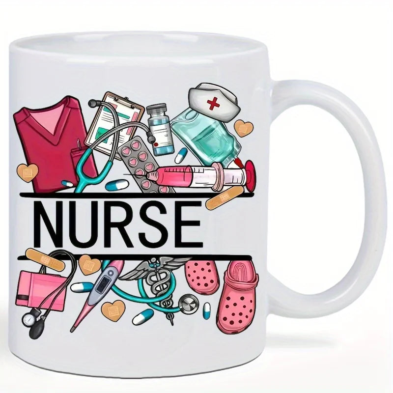 Nurse Themed Ceramic Coffee Mug With Medical Illustrations