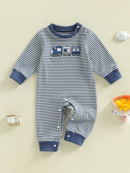 Toddler Striped Playsuit With Long Sleeves And Train Embroidery Romper
