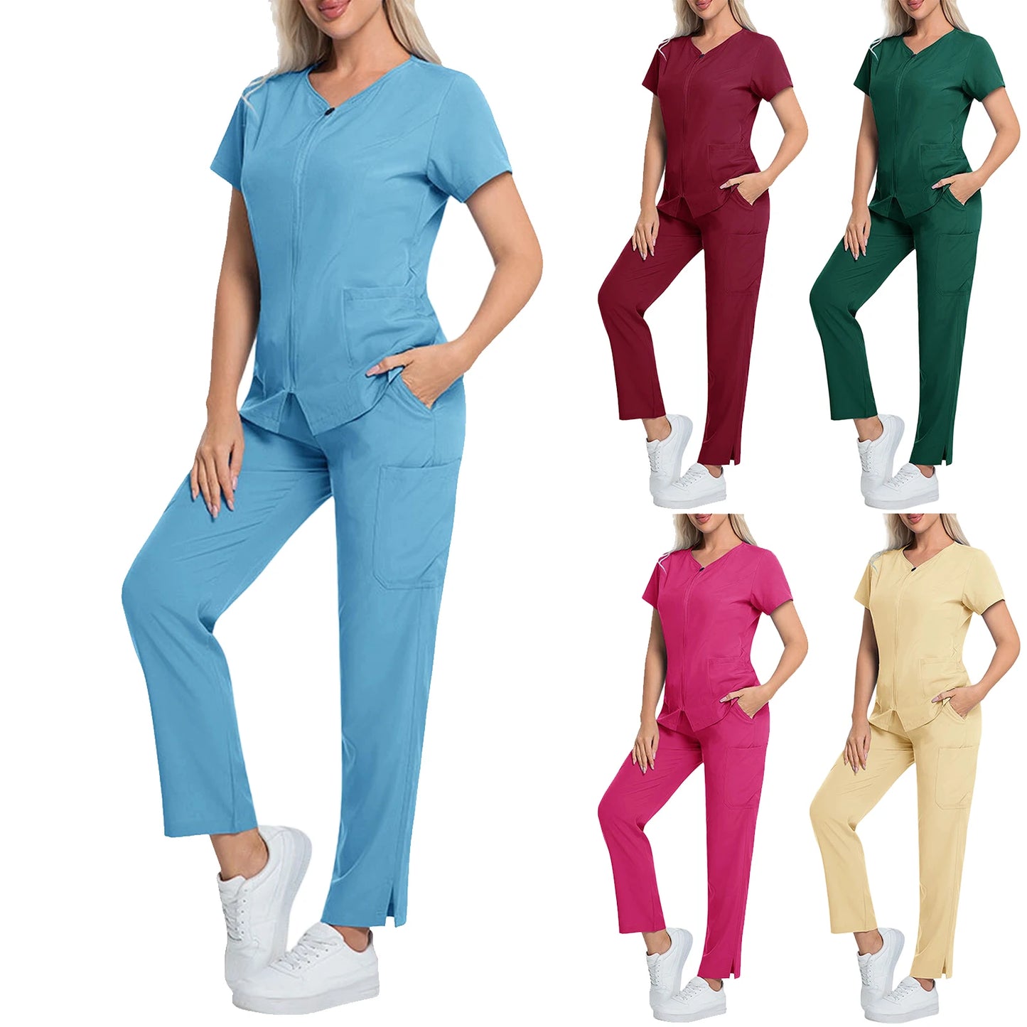 Women's Nurse Scrub Set V-Neck Short Sleeve Zipper Medical Uniform