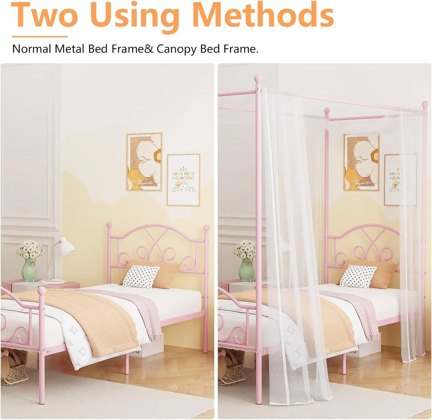 Princess Canopy Bed Frame With Four Metal Posts For Kids