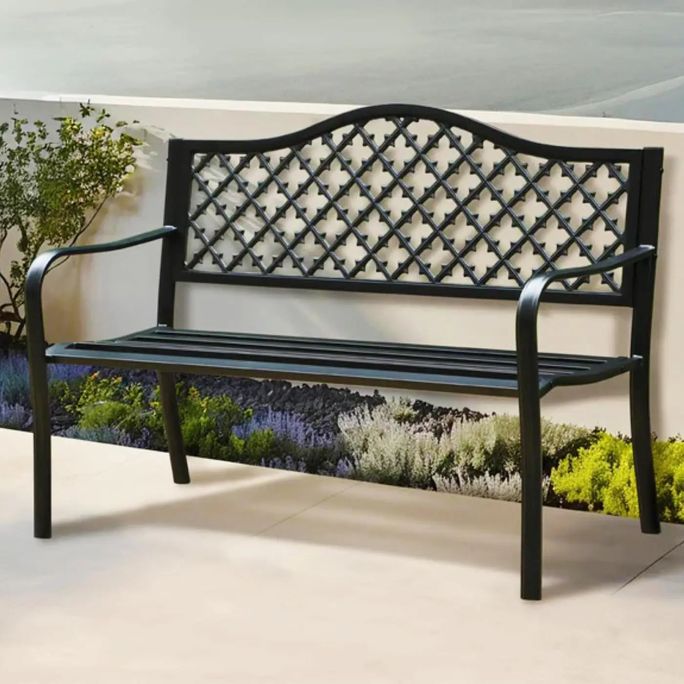 50in Cast Iron Steel Garden Bench Patio Chair w/Floral Backrest Slatted Seat Park Yard Porch Bronze, Customized