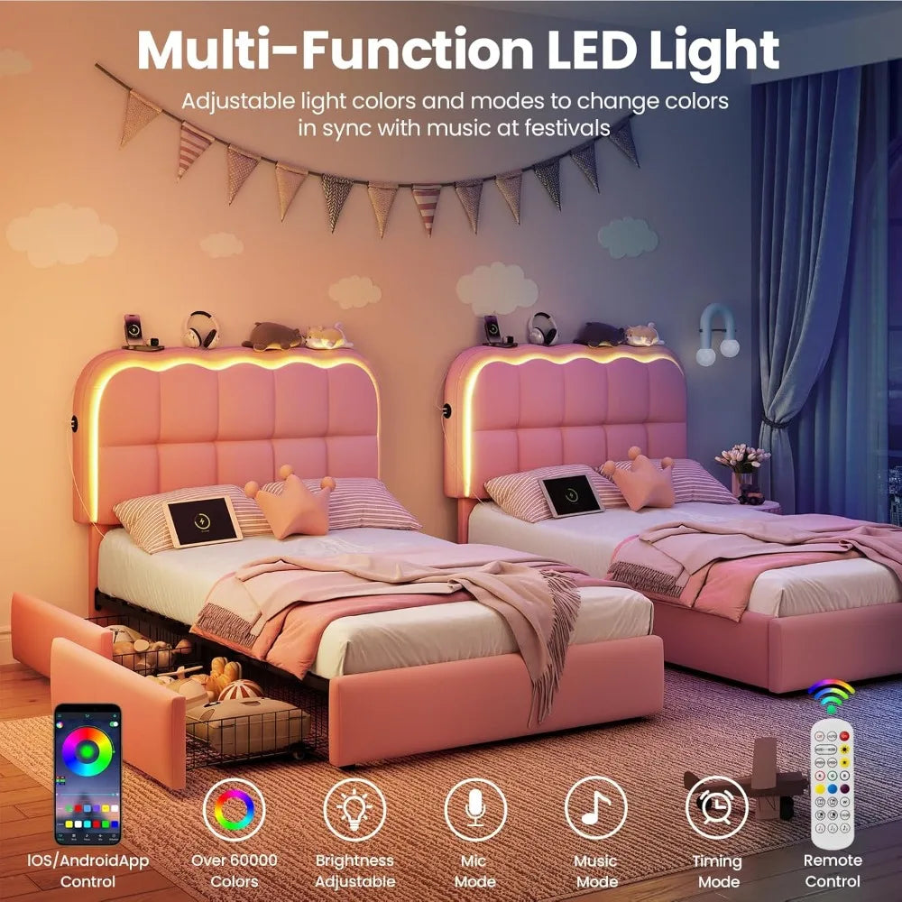 Velvet LED Platform Bed Frame With Storage And USB Charging