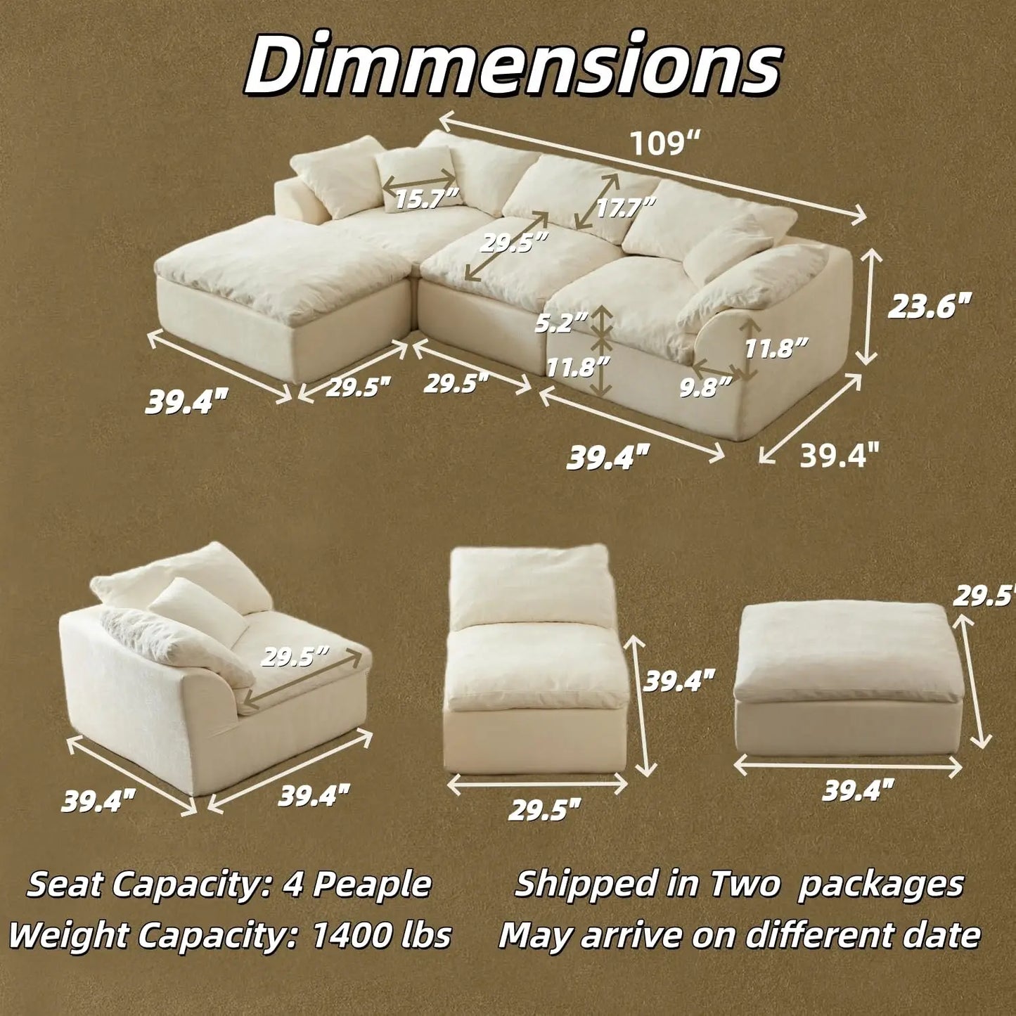110in Modular Sectional Sofa L-Shape Convertible Sofa Bed with Ottoman 3 Seater Living Room Furniture Custom