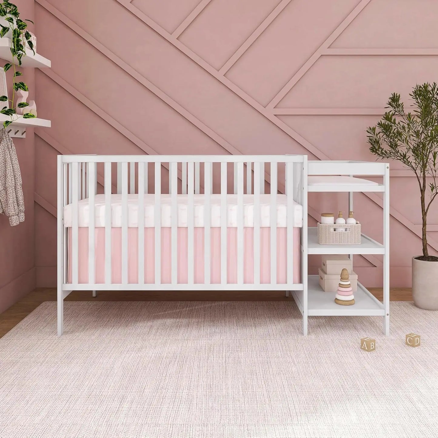 3-in-1 Convertible Baby Crib with Changing Table, White Pinewood, Adjustable Heights & Safety Certified