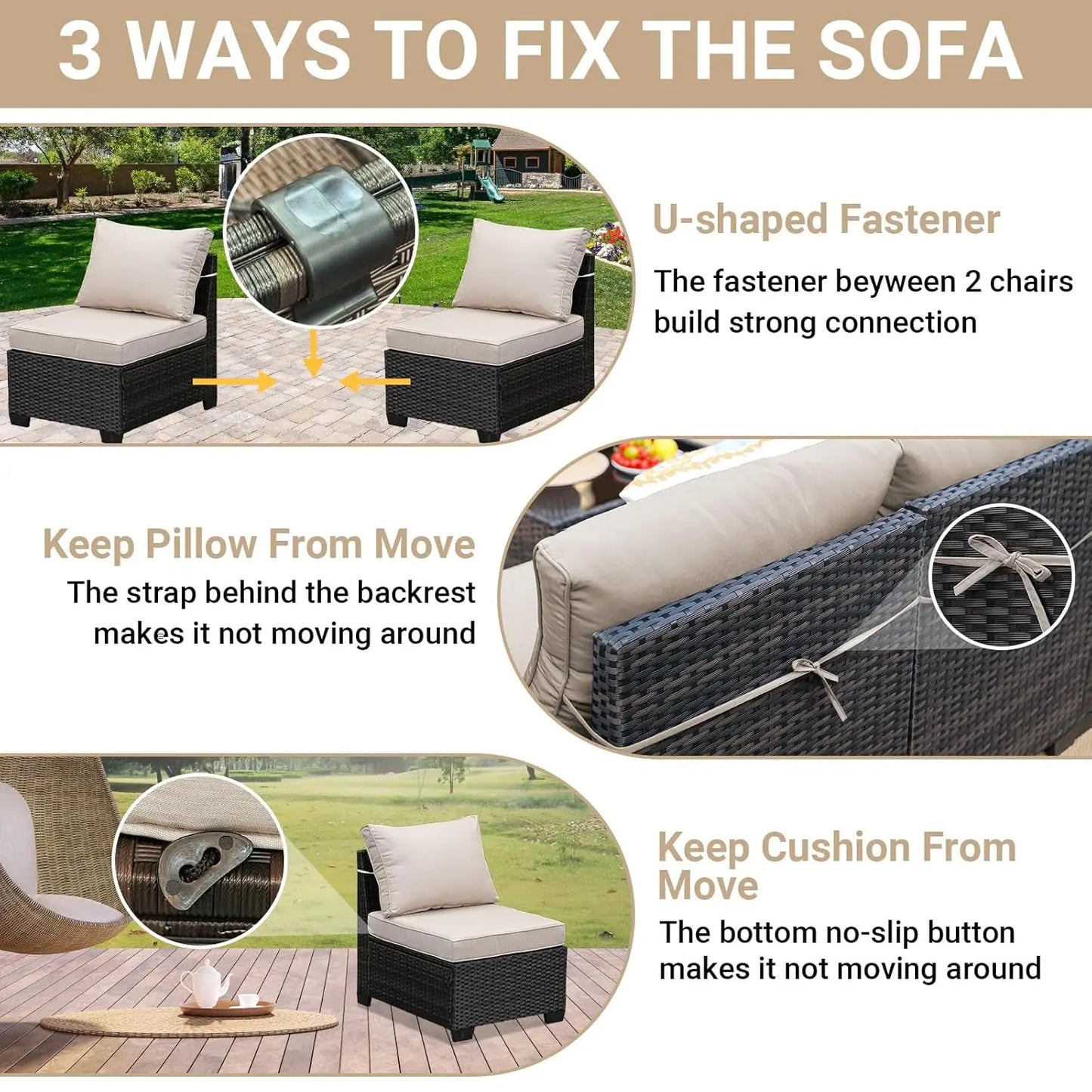 Patio Outdoor Wicker Sectional Sofa Set With Glass Table