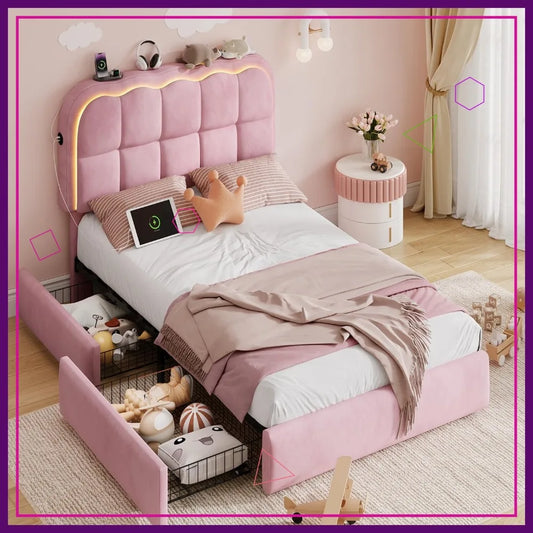 Velvet LED Platform Bed Frame With Storage And USB Charging