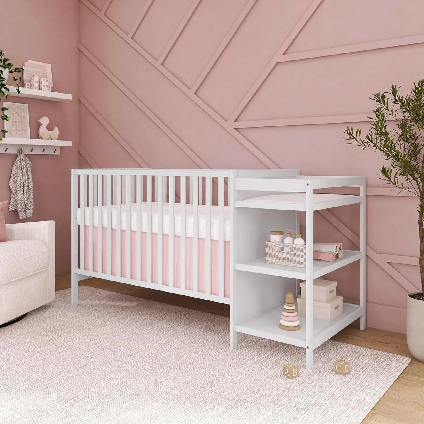 3-in-1 Convertible Baby Crib with Changing Table, White Pinewood, Adjustable Heights & Safety Certified
