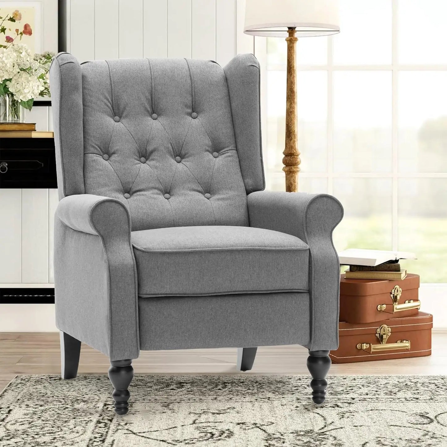 Mid Century Wingback Linen Recliner Chair With Button Tufted Upholstery