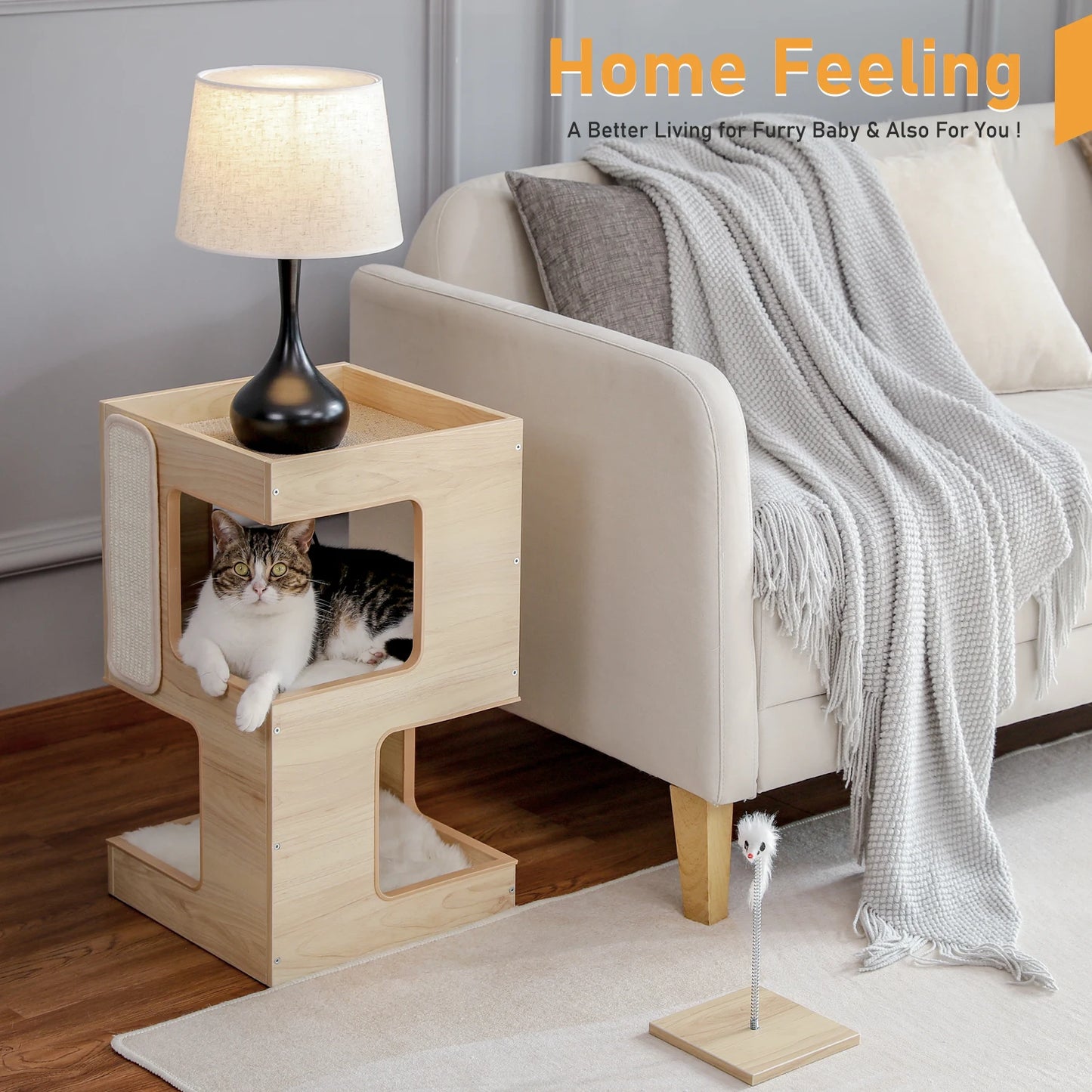 PAWZ Road Wood Cat Condo Bed With Removable Soft Mats And Scratching Pad