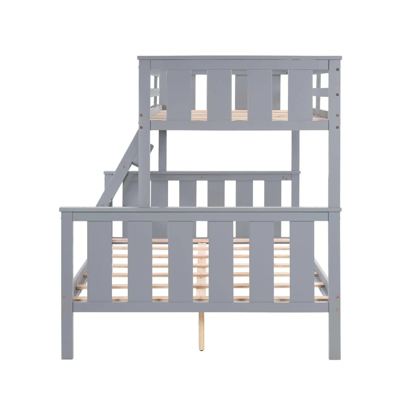 Twin Over Full Size Wood Bunk Bed with Flexible Ladder Solid Wood Frame Strong Slats for Kids Teens Dorm Rooms Gray