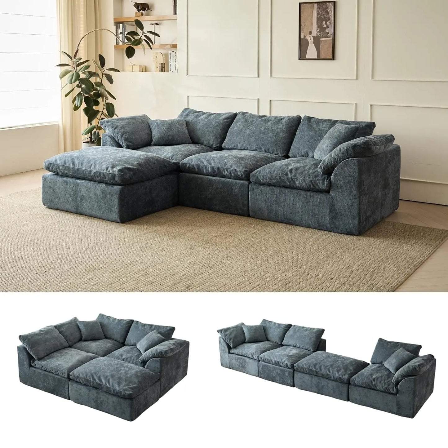 110in Modular Sectional Sofa L-Shape Convertible Sofa Bed with Ottoman 3 Seater Living Room Furniture Custom