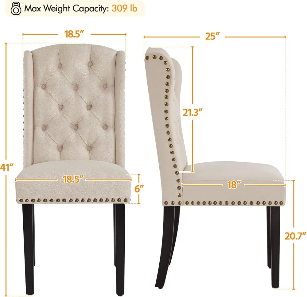 Upholstered Dining Chairs Set of 2 Button Tufted Kitchen Chairs with Solid Wood Legs and Nailhead Trims for Dining Room, Living