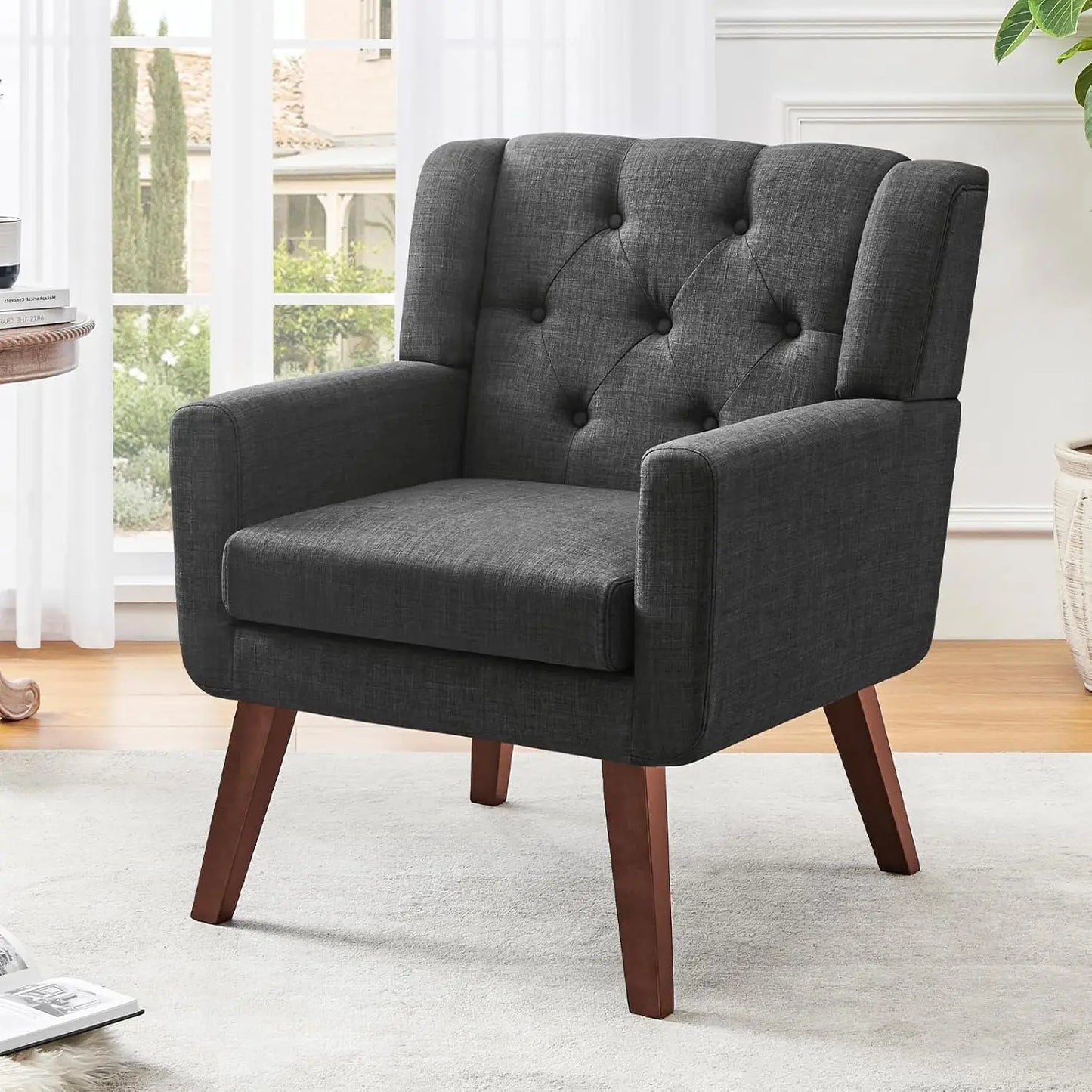 Button-Tufted Upholstered Living Room Chair With Linen Fabric Mid Century