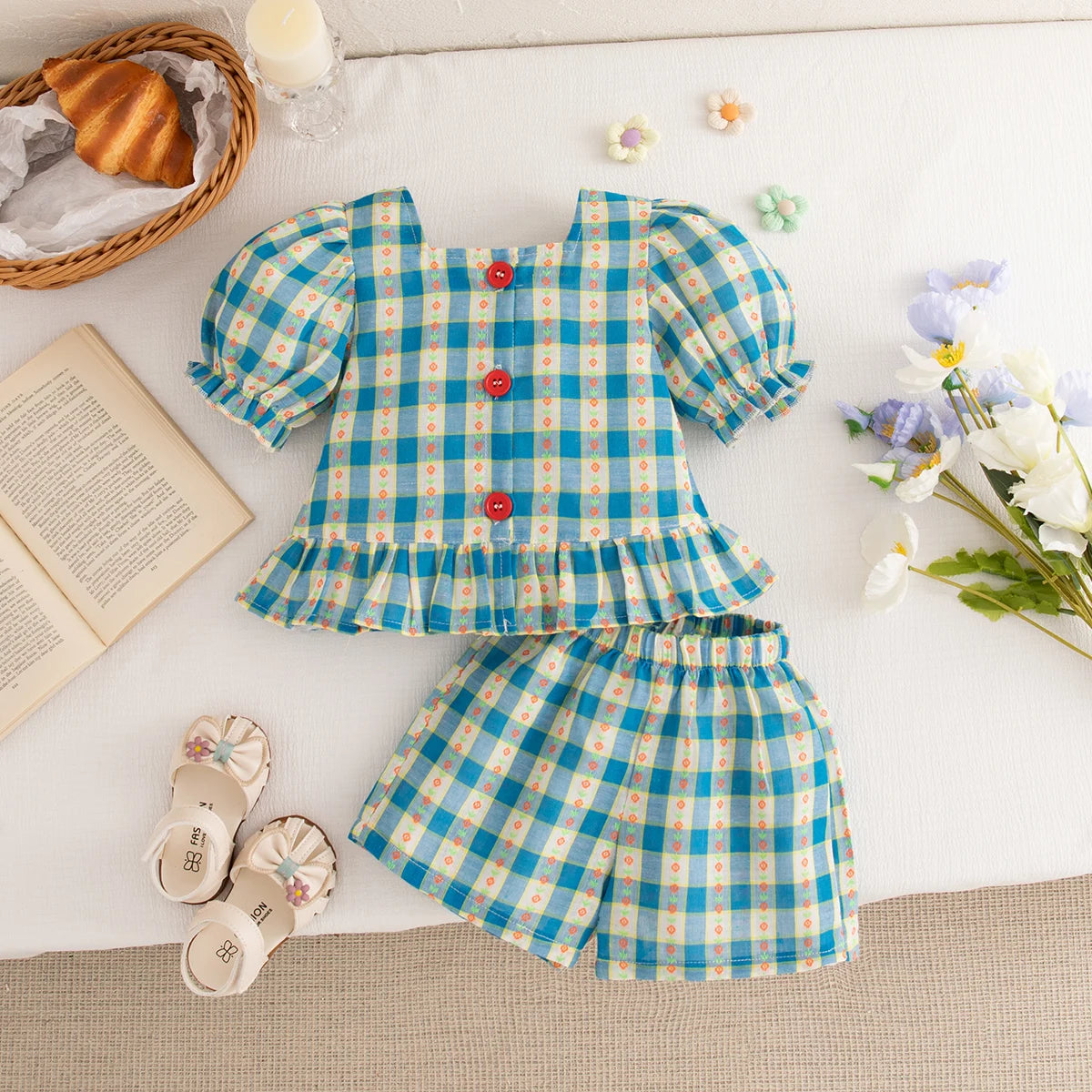 Girls Summer Cotton Plaid Bubble Sleeve Top And Shorts Set