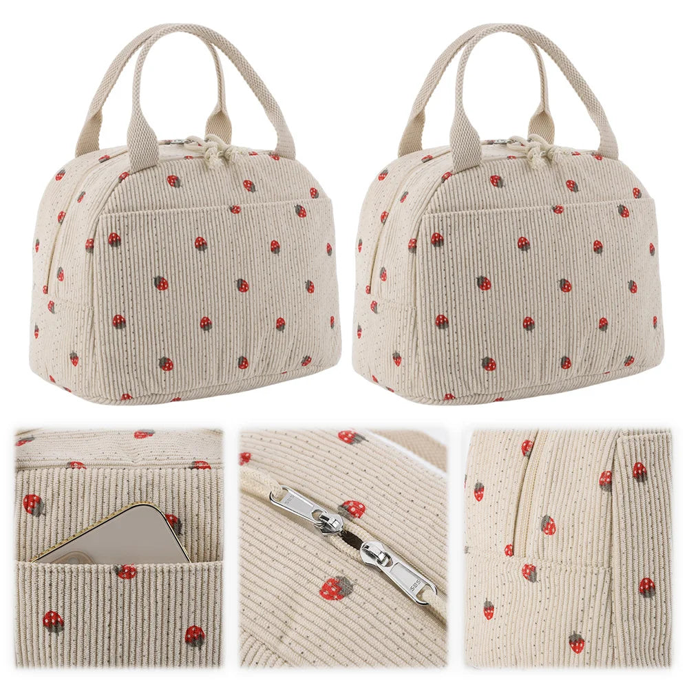 Strawberry Daisy Corduroy Insulated Lunch Bag Large Capacity