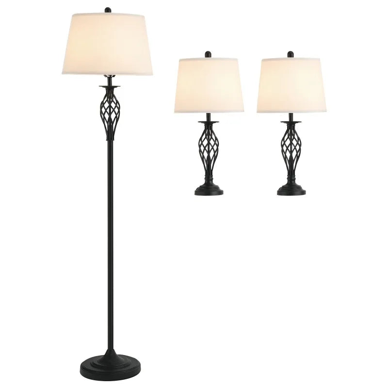 Three Piece Floor Lamp Set With Metal Pole Fabric Lampshade