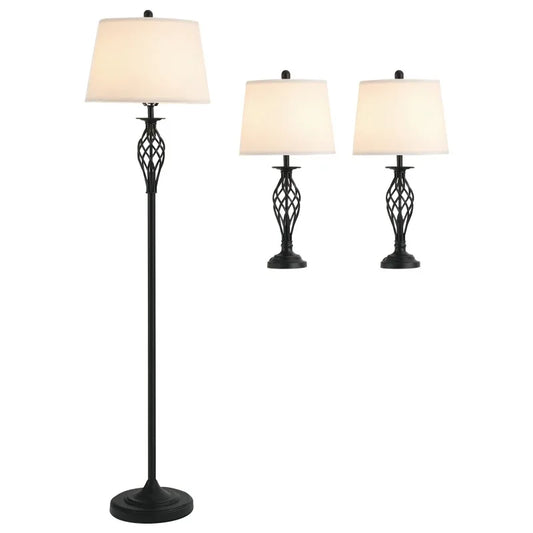 Three Piece Floor Lamp Set With Metal Pole Fabric Lampshade