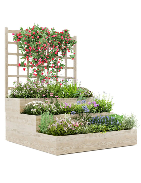 HiMISS 3 Tier Garden Bed With Trellis Wooden Planter Outdoor