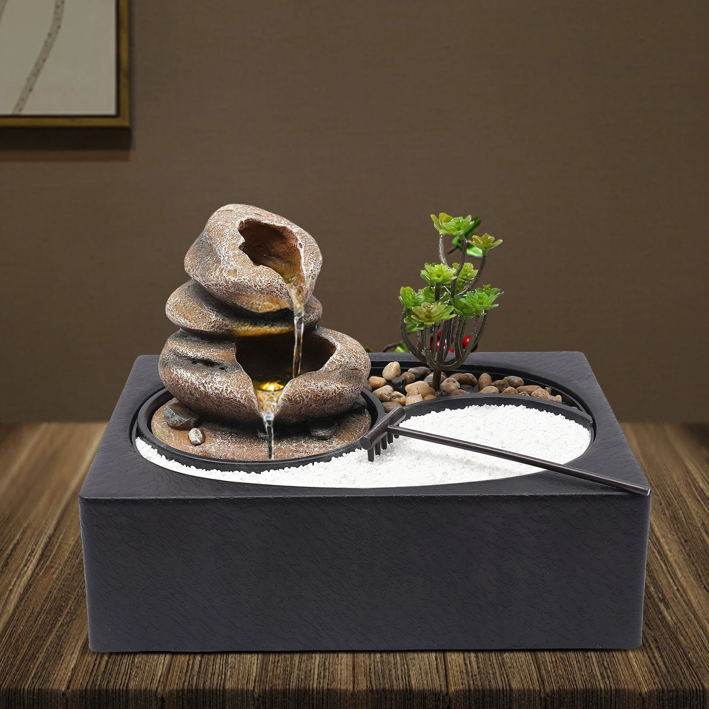Bymaocar Tabletop Resin Rock Water Fountain With LED Light Indoor