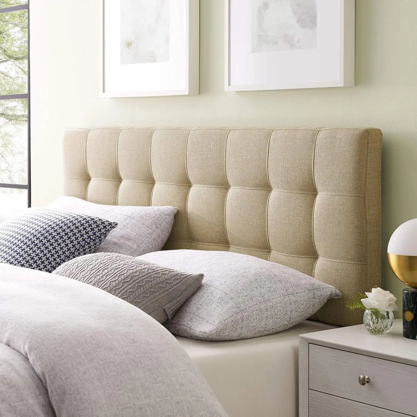 Linen Fabric Upholstered Full Headboard in Beige - Tufted Design for Bedroom Decor