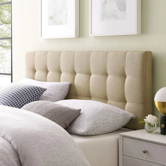 Linen Fabric Upholstered Full Headboard in Beige - Tufted Design for Bedroom Decor