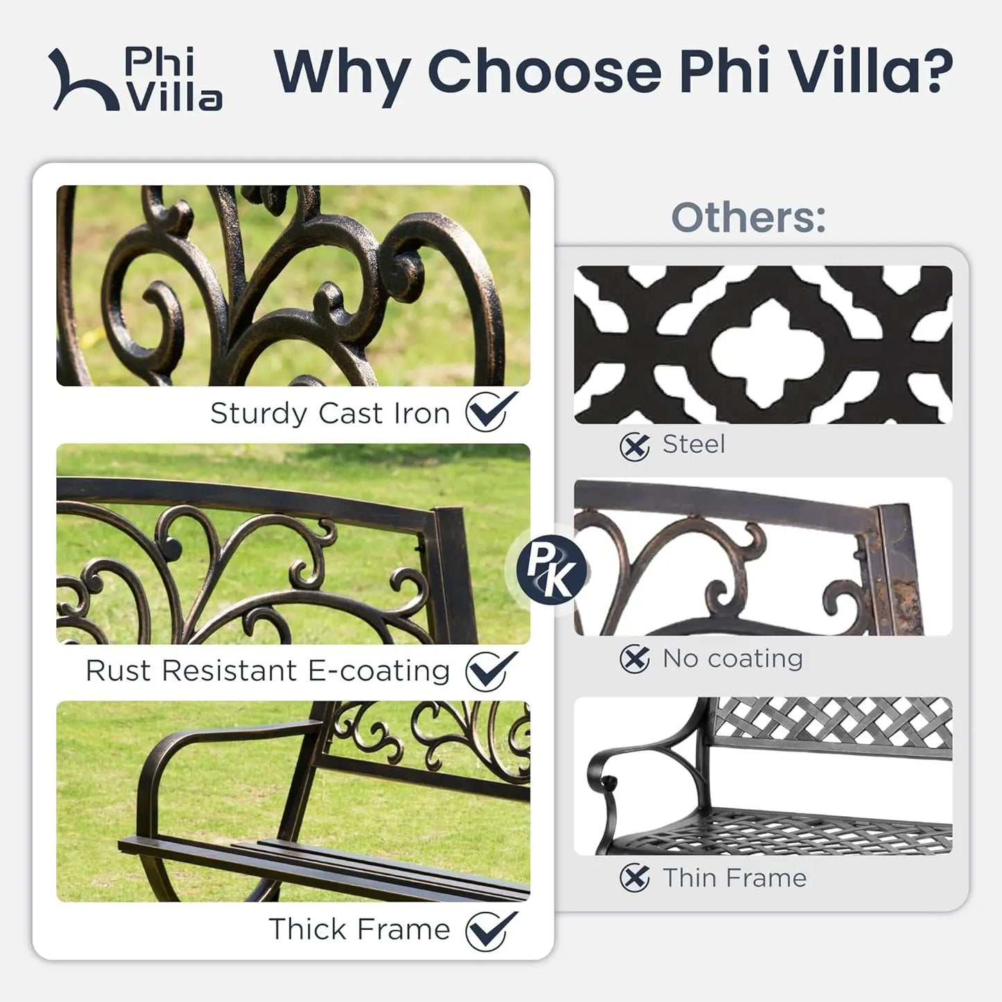 50in Cast Iron Steel Garden Bench Patio Chair w/Floral Backrest Slatted Seat Park Yard Porch Bronze, Customized