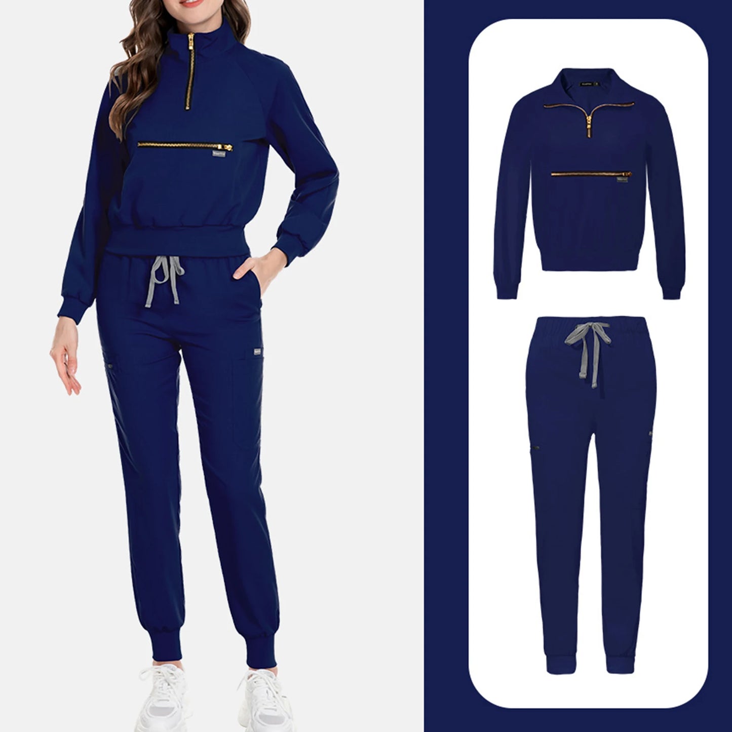 Women Nurse Scrub Set Stand Collar Zip Long Sleeve Uniform