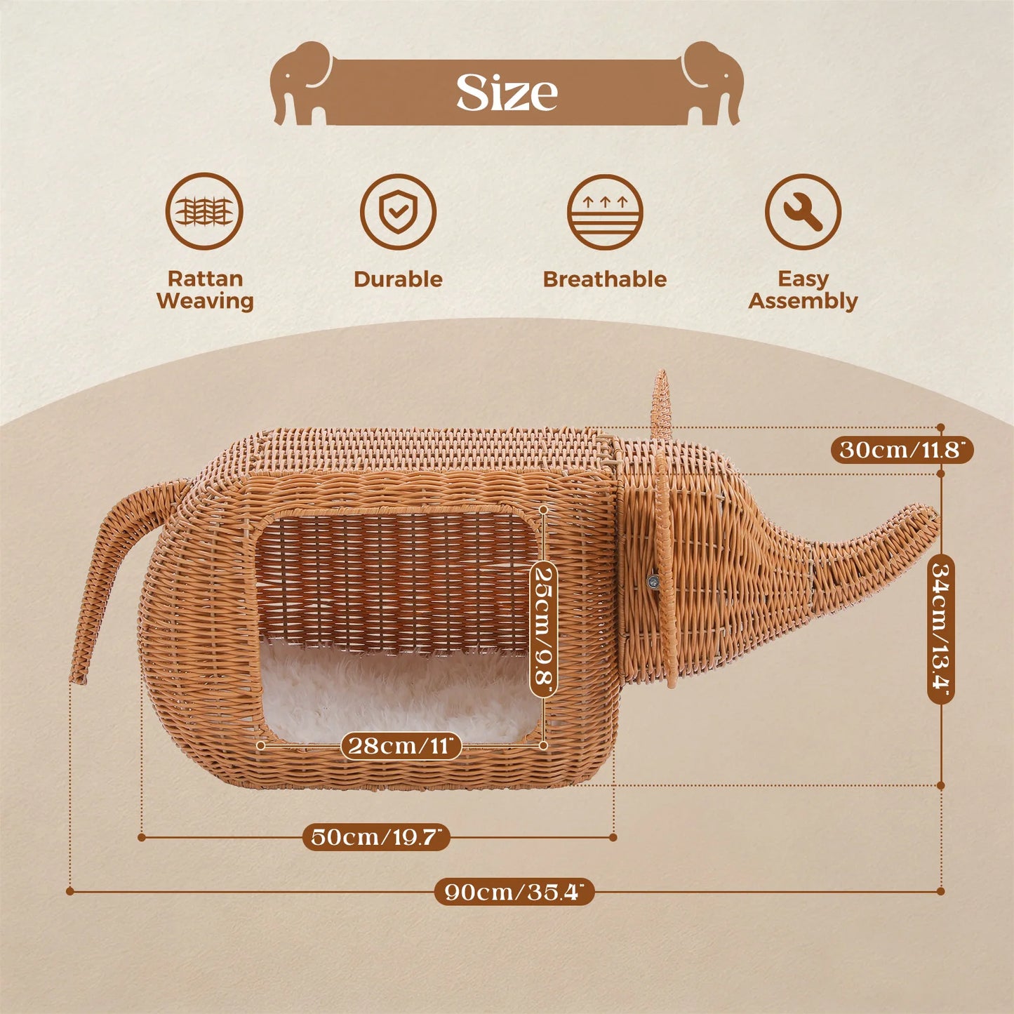 PEQULTI Elephant Rattan Cat Condo Bed With Plush Cushioned Hideaway