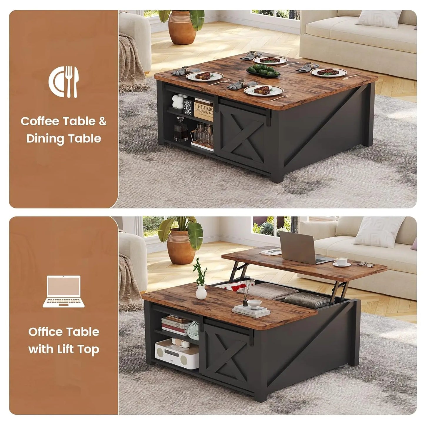 31.5" Lift Top Coffee Table with Storage, Square Coffee Tables for Living Room, Farmhouse Coffee Table with Large, Customized