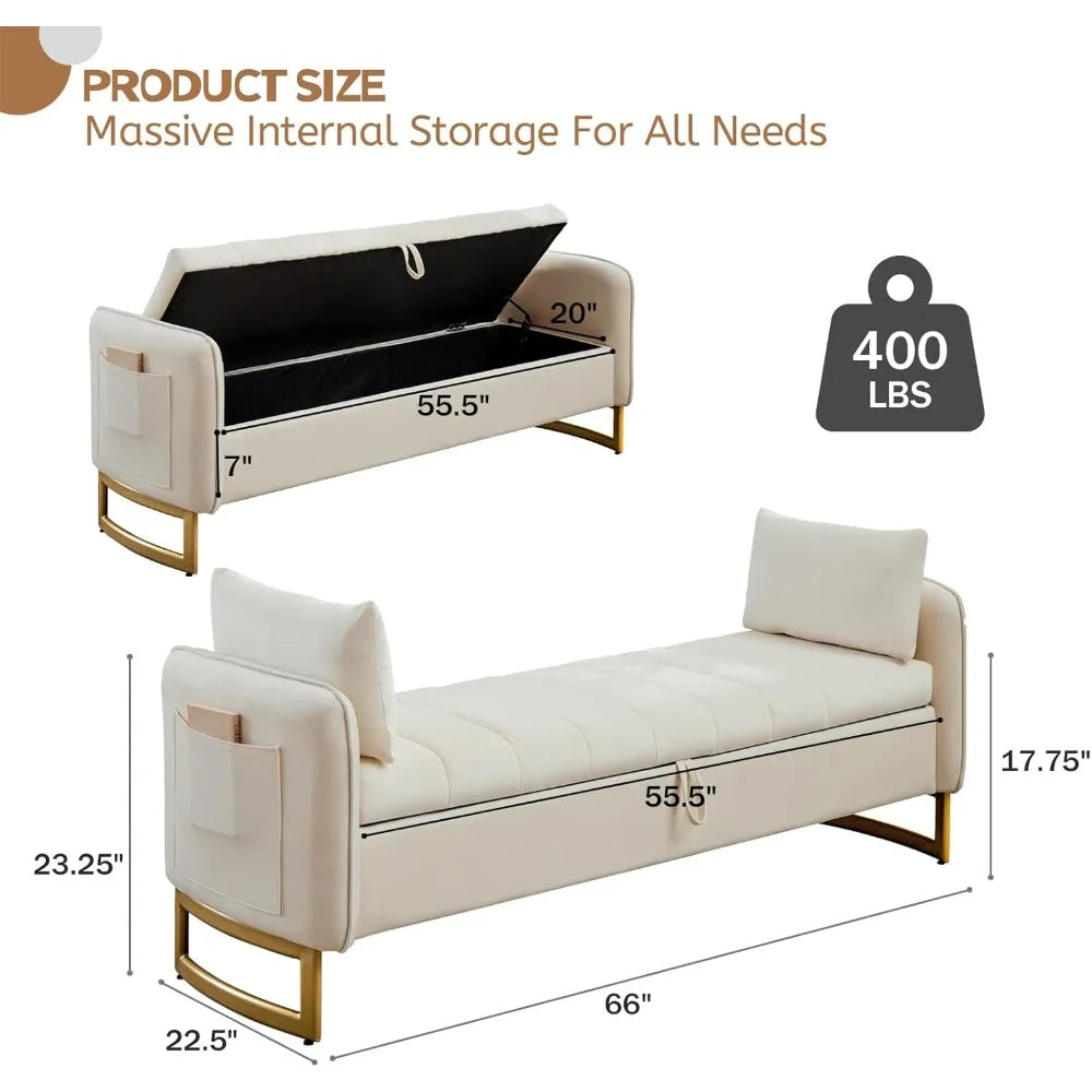 Velvet Storage Bench With Arms And Pockets For Living Room