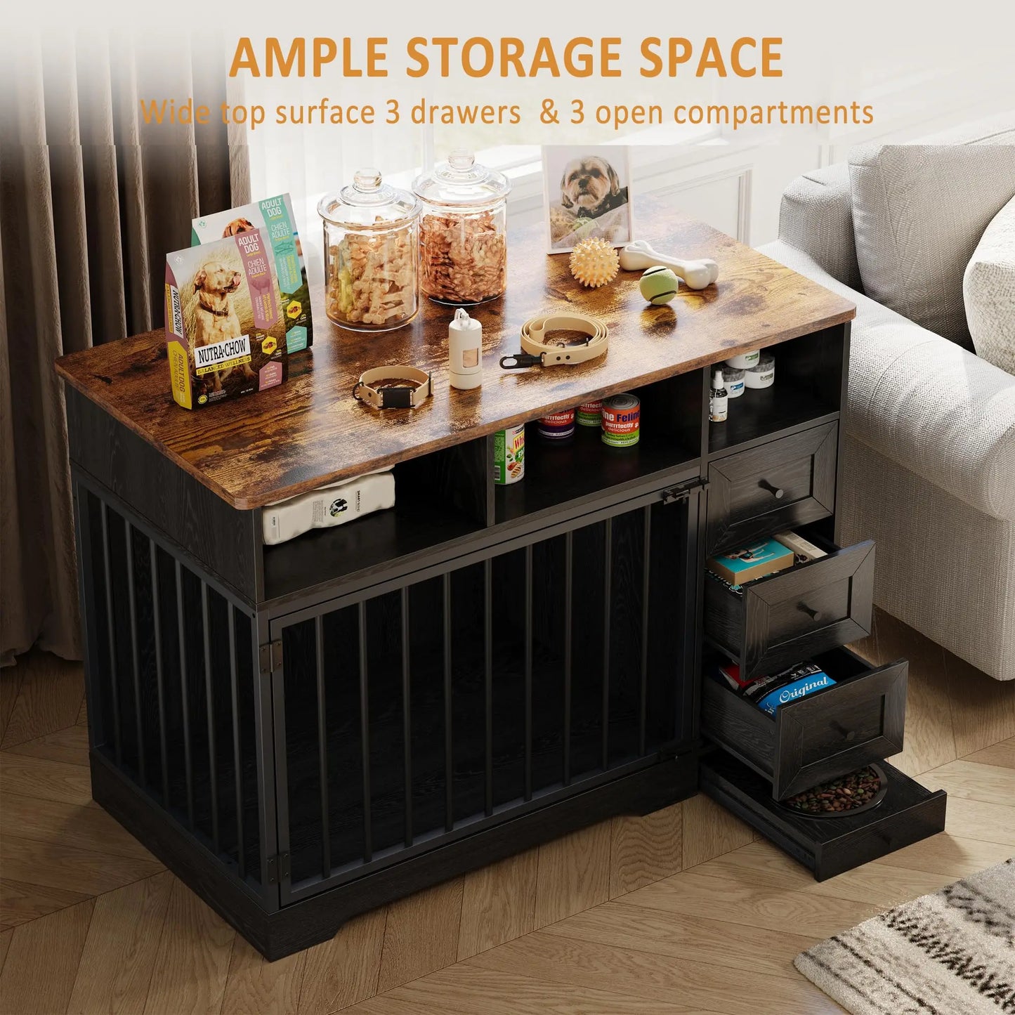 HiMISS Farmhouse Wooden Dog Crate with Storage and Feeding Station
