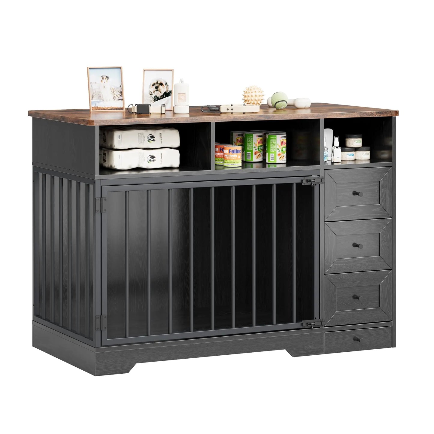 HiMISS Farmhouse Wooden Dog Crate with Storage and Feeding Station