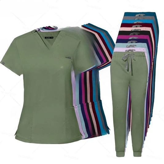 Women Scrubs Set Short Sleeve V-Neck Top And Jogger Pants