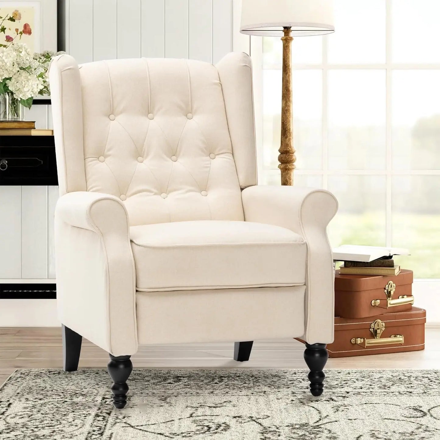 Mid Century Wingback Linen Recliner Chair With Button Tufted Upholstery