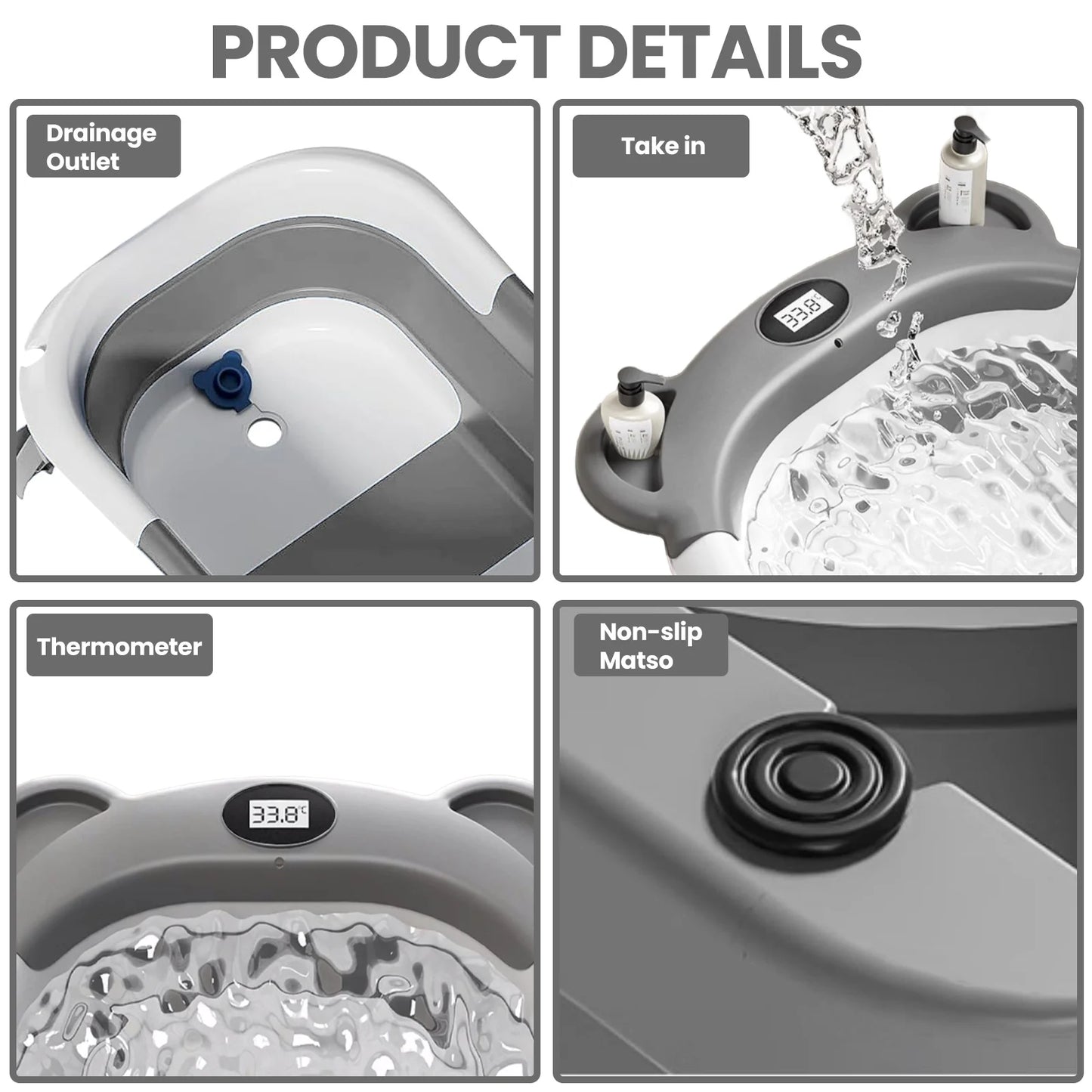 Portable Collapsible Baby Bathtub With Thermometer And Drain
