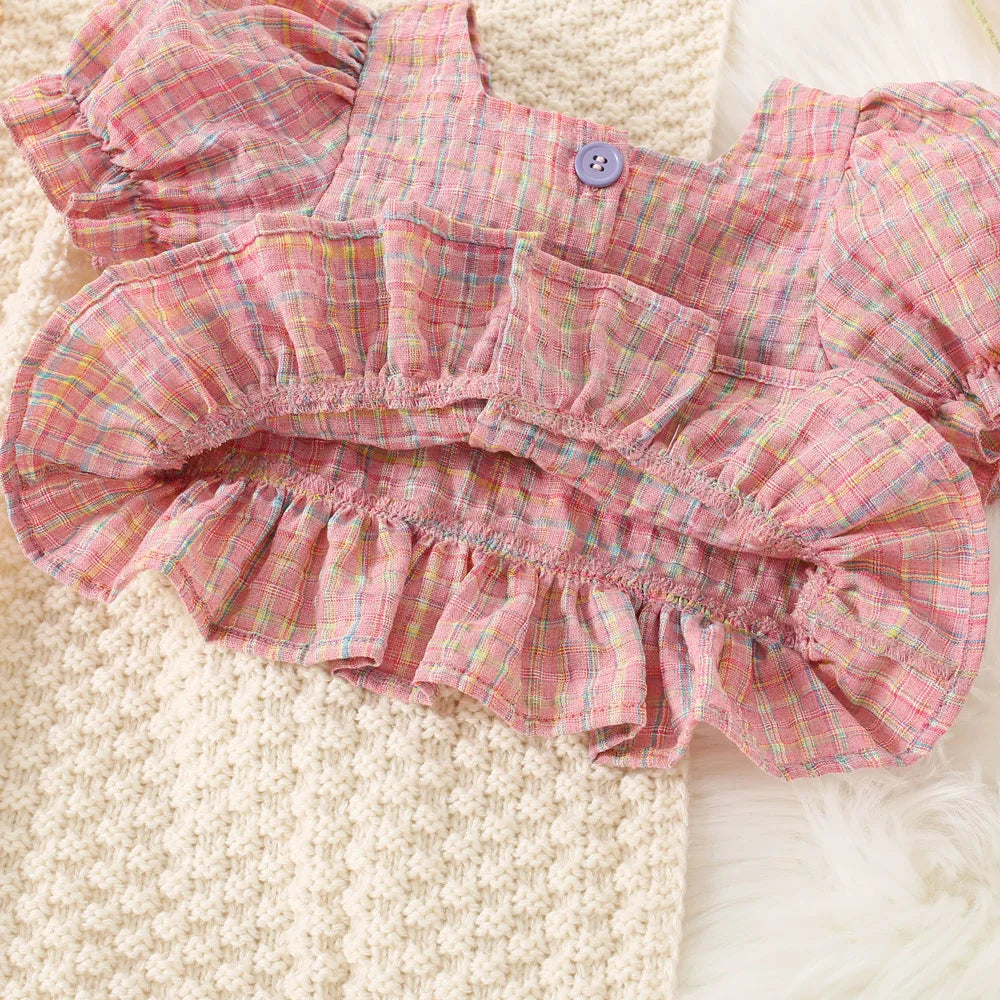Girls Summer Cotton Plaid Bubble Sleeve Top And Shorts Set