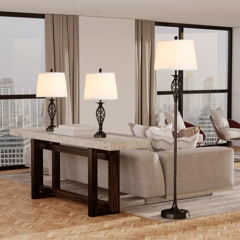 Three Piece Floor Lamp Set With Metal Pole Fabric Lampshade