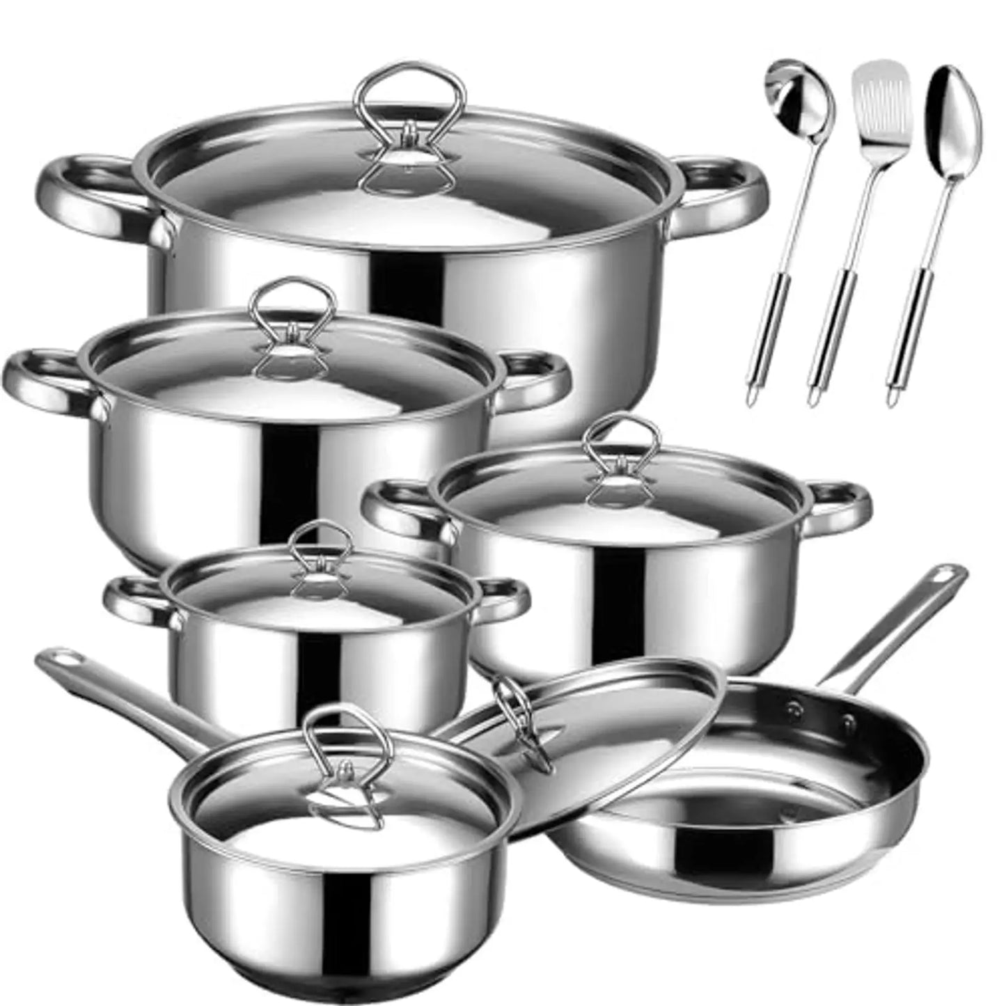 Stainless Steel 15-Piece Cookware Set With Lids And Utensils