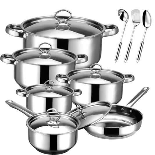 Stainless Steel 15-Piece Cookware Set With Lids And Utensils
